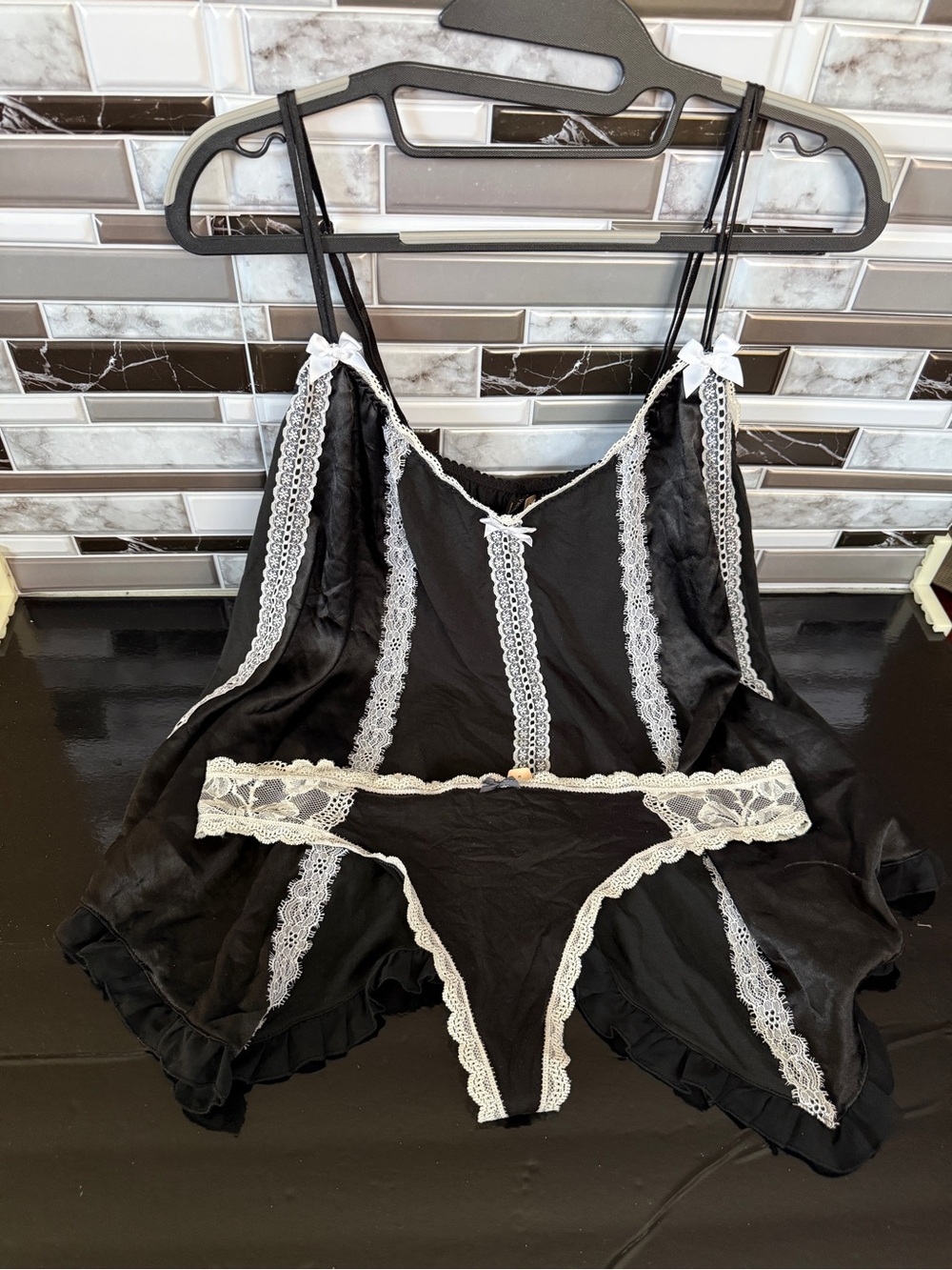Victoria's Secret Black Satin Chemise with White Lace Trim & Matching Thong